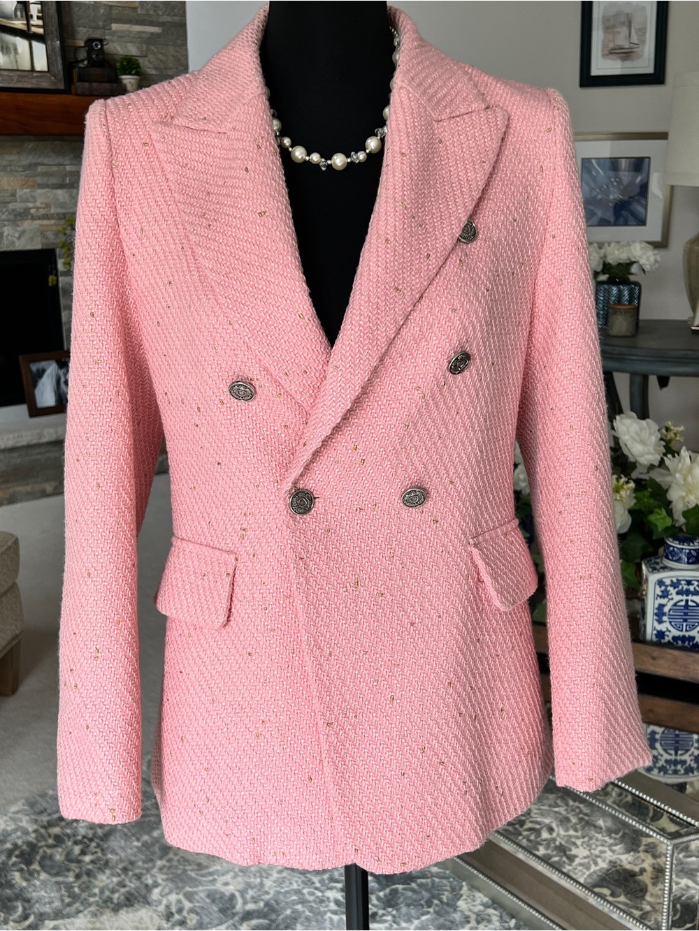Mina Self Tailored Pink Double-Breasted Tweed Blazer Jacket